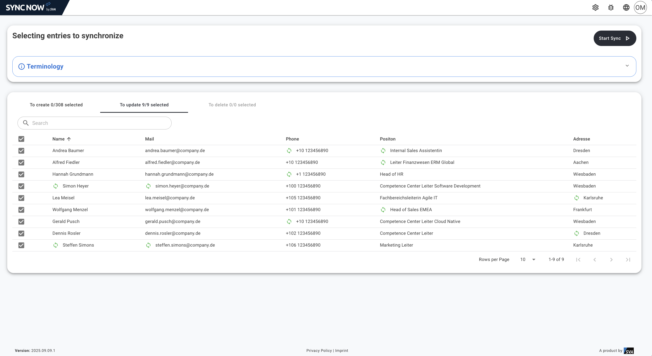 Select entries to synchronize
